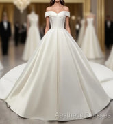 White Off Shoulder Satin Long Evening Prom Dresses, White Evening Dresses, White Wedding Dresses, White Formal Dresses